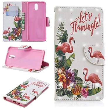 Imagem de Capa para celular com estampa colorida 3D de desenho horizontal capa de couro flip para Nokia 3.1, com suporte e compartimentos para cartões e carteira (borboleta verde) sacos (cor: flamingo inglês)