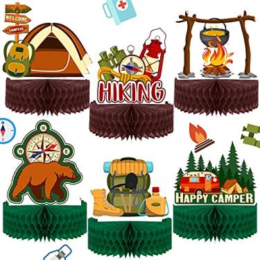 Imagem de 6 peças de centro de mesa Happy Camping Honeycomb de mel, placa de acampamento de ursos de aventura para acampamento, bolos, bolos, bolos, bolos, bolos, bolos, bolos, bolos, bolas de mesa, ideias de aniversário, decorações de mesa 3D, 19 x 21 cm