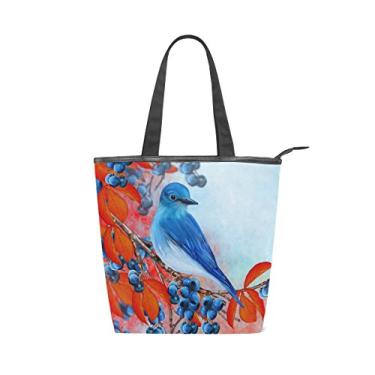 Imagem de Bolsa feminina de lona durável, azul, ramo de pássaro, bagas, bolsa de ombro para compras com grande capacidade