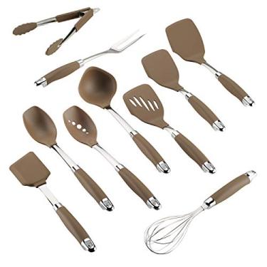 Imagem de Anolon Conjunto de ferramentas/utensílios de cozinha de nylon antiaderente/utensílios de cozinha inclui colheres, torneadores, concha, garfo de carne, batedor e pinças de trava, 10 peças, bronze