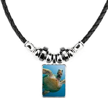 Imagem de DIYthinker Colar com imagem natural de tartaruga de água azul oceano joia Torque pingente de corda de couro