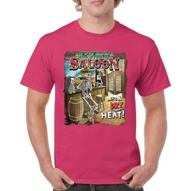 Imagem de Camiseta masculina Hot Headed Saloon But its a Dry Heat Funny Skeleton Biker Beer Drinking Cowboy Skull Southwest, Rosa choque, XXG