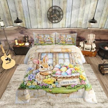 Imagem de Conjunto de edredom de primavera e Páscoa, tamanho king, coelho, animal, ovos de Páscoa, floral, 3 peças, para adultos, aquarela, jardim, estilo pastoral, edredom de plumas, 2 fronhas
