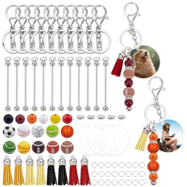 Imagem de WEBEEDY 12 conjuntos de chaveiros com contas, bola esportiva faça-você-mesmo com contas, kit de contas redondas de rúgbi, beisebol, futebol, basquete, tênis, vôlei, contas focais redondas para fazer