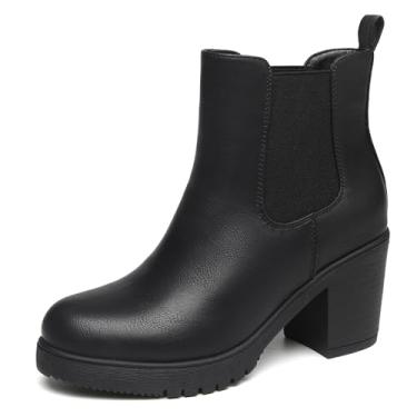 Imagem de TYNDALL Botas femininas de cano curto, plataforma e Chelsea, botas de outono com salto baixo, botas elegantes e botas de salto grosso para mulheres, Preto/poliuretano, 39