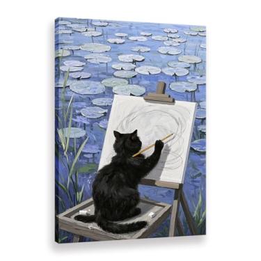 Imagem de CANLUNTE Impressão em tela de pintura de parede exclusiva de gato preto copiando a piscina dos nenúfares em um cavalete - Arte moderna (arte 8 x 61 cm emoldurada)