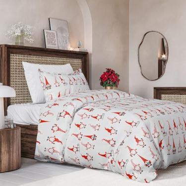 Imagem de Conjunto de capa de edredom de Natal tamanho solteiro - capa de edredom solteiro extramacia com 2 fronhas - Roupa de cama natalina com fechos de zíper e laços - Conjunto de cama respirável confortável