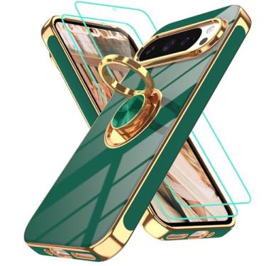 Imagem de Gritup Capa para Google Pixel 9 Pro com 2 peças de protetor de tela | Suporte magnético de rotação de 360° | Revestimento dourado macio TPU protetor básico para Pixel 9 verde