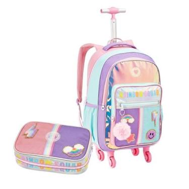Imagem de Kit Mochila Escolar Rodinhas com Estojo Box Colorido Rainbow Divisória