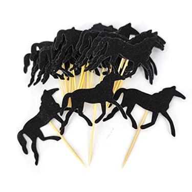 Imagem de Mybbshower Topo de cupcake de cavalo com glitter preto - Cavalo, aniversário, sanduíche, comida, bandeiras, palitos de bolo, enfeites de bolo, decorações de festa, pacote com 24