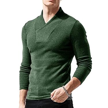 Imagem de NJNJGO Blusa masculina manga longa gola V pulôver slim fit cor sólida casual outono inverno camiseta, Verde, G