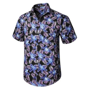 Imagem de Camisas havaianas masculinas manga curta casual floral botão camisa tropical verão férias praia Aloha Hawaii camisa, A-a Folha Floal Preta e Roxa, P