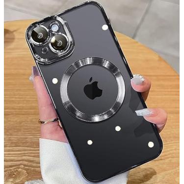 Imagem de KELUOAS Capa magnética Matálico brilhante transparente para iPhone 14 Plus com proteção total da câmera [ímãs N52 fortes nº 1] [proteção contra quedas de grau militar] para mulheres e meninas Magsafe