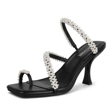 Imagem de Carcuume Sandálias femininas de salto quadrado com tiras e salto gatinho, Pérola preta, 37