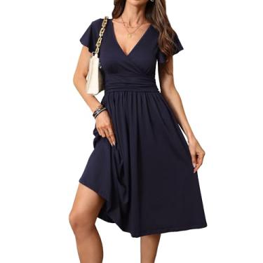 Imagem de FZZOR Vestido feminino casual primavera verão manga curta gola V evasê ajuste solto swing festa midi vestido com bolsos, Azul marino, P