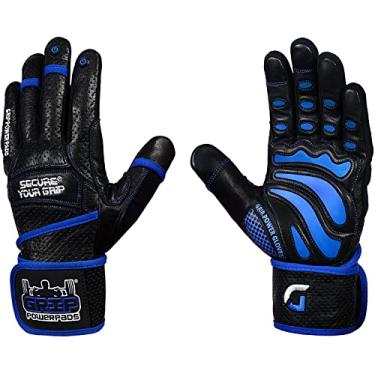 Imagem de Luvas de academia de couro Elite com envoltórios de pulso de 5 cm de largura embutidos, melhor aderência e design para levantamento de peso, levantamento de peso, musculação, musculação e exercícios de treino de força (dedos inteiros, azul, GG)