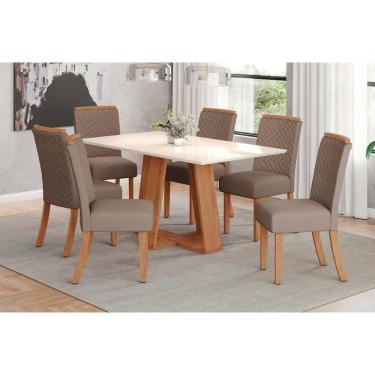 Imagem de Conjunto: Mesa de Cozinha Lins c/ Tampo Madeirado Reto 160x90cm e 6 Cadeiras Malu Nature/Suede Light Marrom Amendoa - Henn