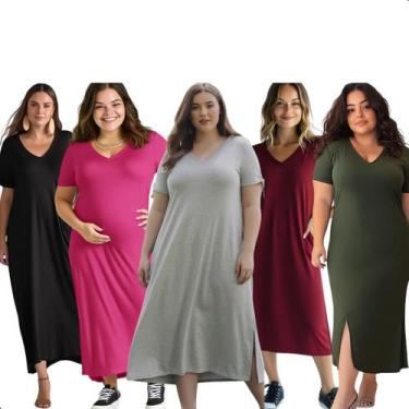 Imagem de Kit 5 Vestido Midi Feminino Longo Liso Com Fenda E Bolsos - Contramão 