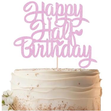 Imagem de EONNCNT Topo de bolo Happy Half Birthday - Glitter rosa 6 meses artigos de decoração de bolo de aniversário para meninos ou meninas chá de bebê, revelação de gênero ou 1/2 artigos de festa de