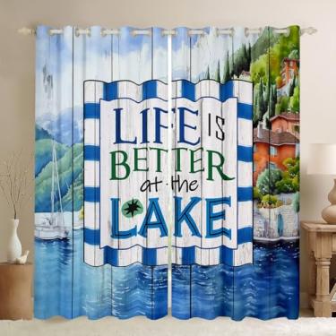 Imagem de Cortina de janela com tema Lake Life, aquarela, cenário de lago, vintage, cortina de tratamento de porta de madeira para crianças, meninas, meninos, adultos, decoração de quarto, cortinas de janela
