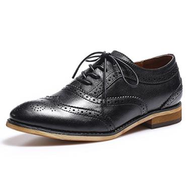 Imagem de Mona flying Sapato feminino de couro perfurado com cadarço Oxfords Brogue Wingtip Derby para meninas e mulheres, Preto 2, 10.5