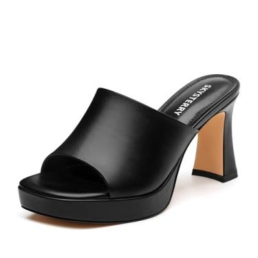 Imagem de SKYSTERRY Sandálias femininas de salto plataforma alto grosso salto bloco quadrado aberto salto sem cadarço confortável festa de casamento formatura verão chinelos de salto 8,2 cm, Poliuretano preto