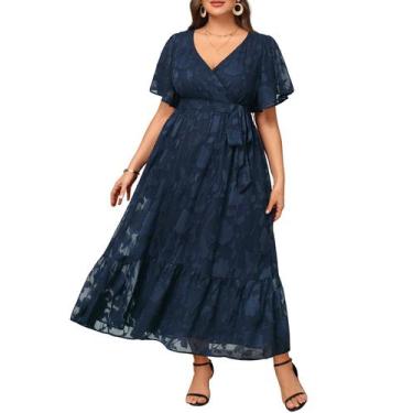 Imagem de Vestido maxi, pinup, moda, azul marinho, decote em V, tamanho grande, 