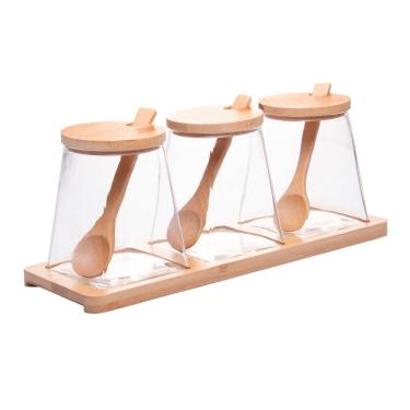Imagem de Cj 3 Potes de Vidro P/Temperos e Condimentos C/Tampa Colher e Suporte de Bambu Wolff