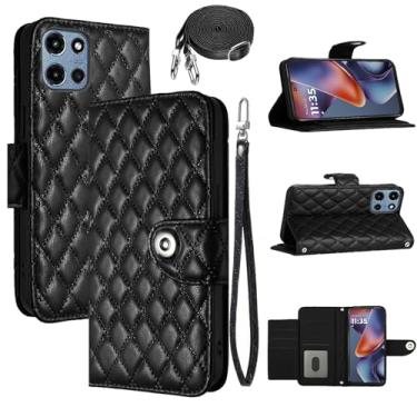 Imagem de Dswteny Capa carteira para Motorola Moto G 5G 2025 com alça de ombro, padrão Argyle PU couro flip porta-cartão capa para celular para G5G 5 G G5 meninas mulheres preta