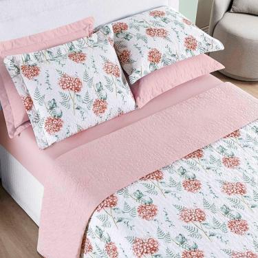 Imagem de Kit Cobre Leito Colcha Maris Queen Estampado Dupla Face Percalle 200 Fios 3 Peças Hortênsia Salmão