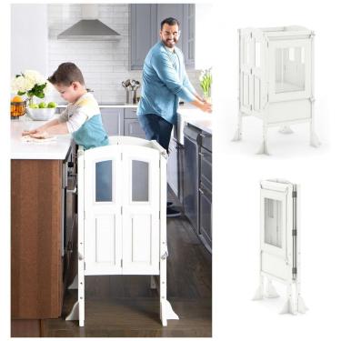 Imagem de Banqueta Torre de Aprendizagem Dobrável Martha Stewart Guidecraft Kitchen Helper Branco Linho Madeira Bétula Altura Ajustável