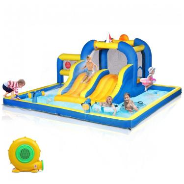 Imagem de Parque Aquático Inflável Ktaxon com Tobogã Duplo, Piscina de Água e Jogo de Basquete para Diversão ao Ar Livre