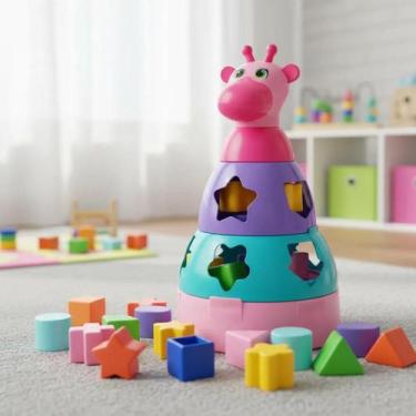 Imagem de Brinquedo Bebê Girafa Educativa Peças De Encaixe Formas Geométricas To