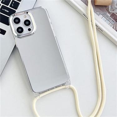 Imagem de Alça Cordão Corrente Colar Fita Estojo De Telefone Para iPhone 14 13 12 11 Pro Max 14Plus Espelho Acrílico À Prova De Choque Tampa Traseira TPU, Branco, Para iPhone 14 ProMax