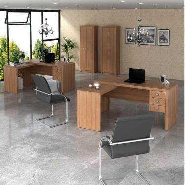 Imagem de Conjunto Home Office 4 Peças com 2 Mesas para Escritório em L e 2 Armários Tecno Mobili Amendoa