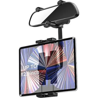 Imagem de woleyi Suporte de tablet retrovisor para carro, espelho retrovisor, suporte de tablet de carro, clipe universal ajustável giratório de 360°, para iPad Pro Air Mini, iPhone, Galaxy Tabs, Z Fold, Fire