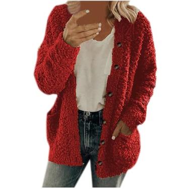 Imagem de Casaco feminino de ovelha com botões e manga comprida, cor sólida, agasalho, plus size, casaco casual de inverno, Vermelho, G