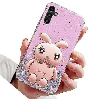 Imagem de Rnrieyta Miagon Rabbit Glitter Stand Case para Samsung Galaxy A04S, capa protetora de TPU macio transparente brilhante fina à prova de choque com suporte de coelho fofo, rosa