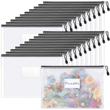 Imagem de Sooez Pacote com 20 bolsas de malha com zíper com bolso para etiquetas, pastas de plástico com zíper, bolsa de documentos com zíper para material de escritório escolar, organização de sala de aula