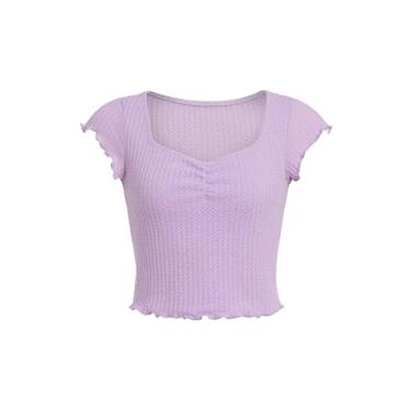 Imagem de SOLY HUX Camisetas femininas cropped de malha waffle fofas franzidas gola redonda manga cavada verão, Roxo lilás liso, 14 Anos