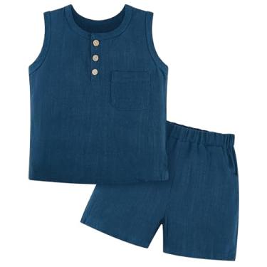 Imagem de Weixinbuy Conjunto de roupas de verão para bebês meninos, algodão, linho, sem mangas, bolso, camiseta, camiseta curta, Azul escuro, 4-5 Anos