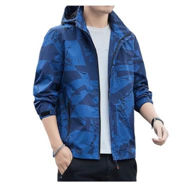 Imagem de Jaqueta masculina leve corta-vento Rip Stop com zíper frontal, capa de chuva, jaqueta combinando com cores, Azul, M