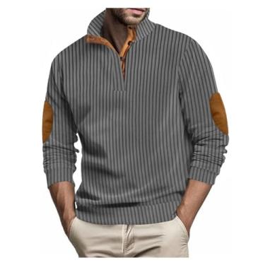 Imagem de Camisa polo masculina com estampa listrada combinando com cores e gola larga e mangas compridas, Cinza escuro, XG