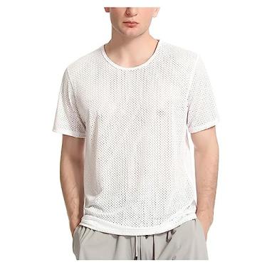 Imagem de Camiseta masculina atlética manga curta malha oca lisa secagem rápida camiseta de treino suave, Branco, G