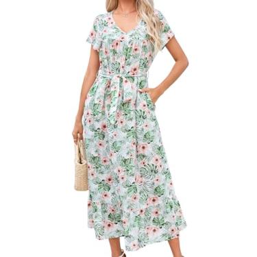 Imagem de Vestidos de verão casuais para mulheres com gola V maxi vestido feminino manga curta vestidos de praia para mulheres vestidos mujer, Flor rosa folha verde (a2), GG