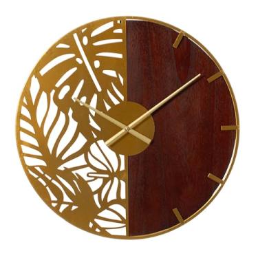 Imagem de Relógio de parede grande redondo moderno de 59,9 cm, madeira marrom decorativa e metal dourado com recorte de folha, relógio grande para entrada, escritório, sala de estar, quarto ou cozinha,