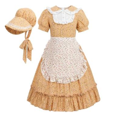 Imagem de Nuoqi Vestidos de pradaria para meninas, fantasia de pioneira verde, vestido colonial com avental, Amarelo, M