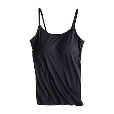 Imagem de Regatas com sutiãs embutidos para mulheres alças finas ajustáveis camiseta verão atlético treino básico camisetas, Preto, 4G