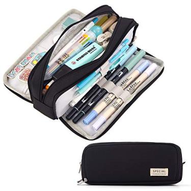 Imagem de Estojo para lápis de grande capacidade CICICIMELON com 3 compartimentos, bolsa para canetas para escola, adolescentes, meninos e mulheres (preto)