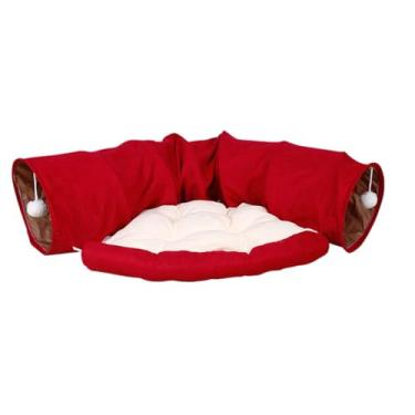 Imagem de WeiLaiKeQi Conjunto de brinquedos para gatos, túnel e cama, cabana, exercício, playground com tapete removível, esconderijo para gatos, cães, animais de, Vermelho